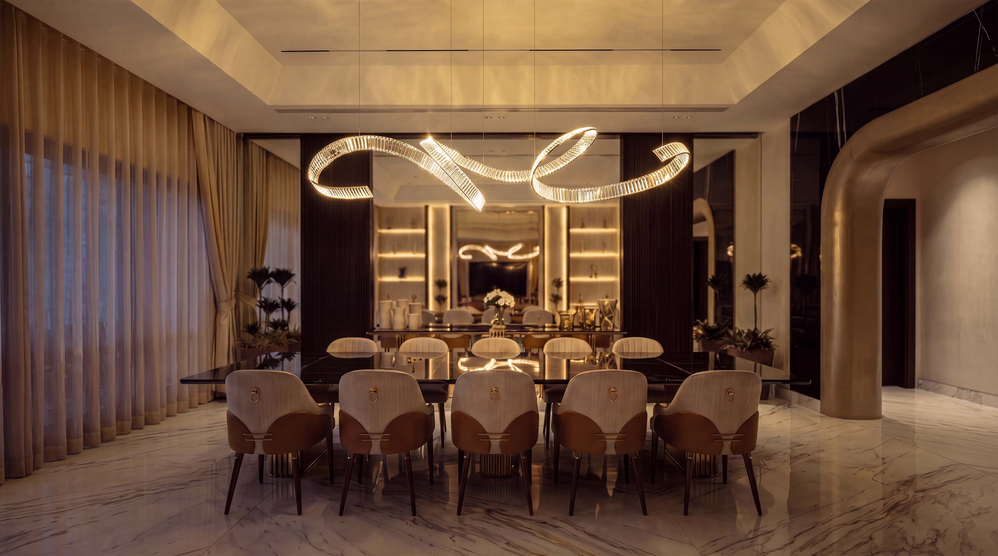 Warm Current bespoke crystal chandelier above a dining table in Meydan, Dubai